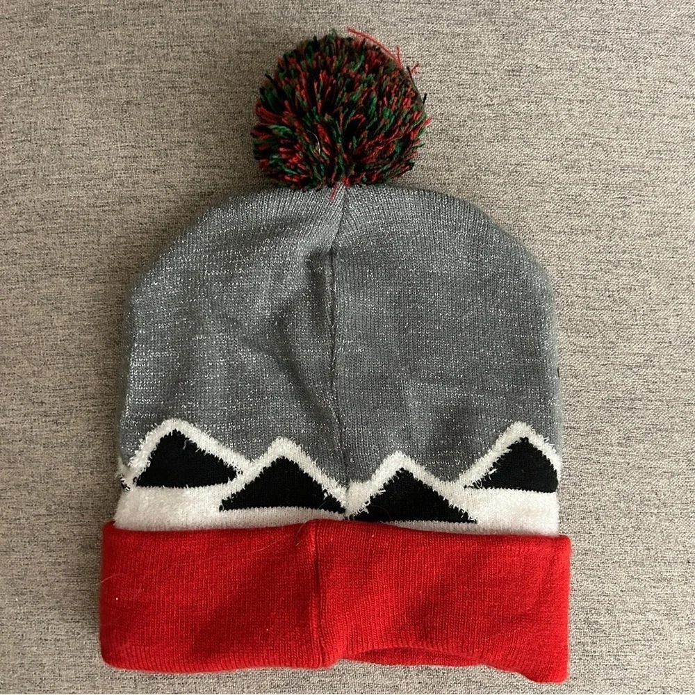 Lit Up Reindeer Christmas Beanie Hat Gray and Red Beanie